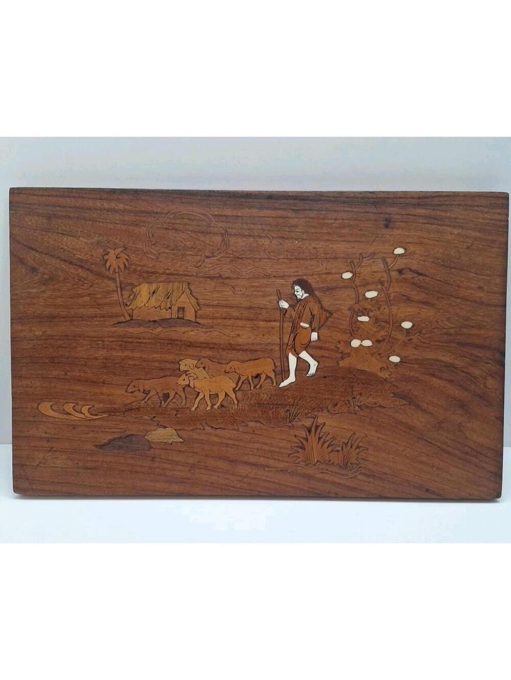 Vintage Marquetry Inlaid Sheep And Sheppard Picture Wall Panel 14" X 8.75"